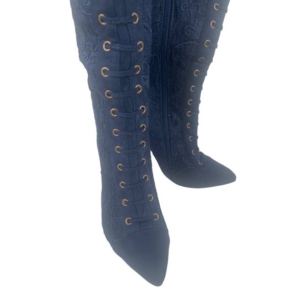 Knee-High Navy Blue Lace-Up High Boots Sz 7 Stiletto & Side Zipper Goth Witchy - Picture 1 of 16
